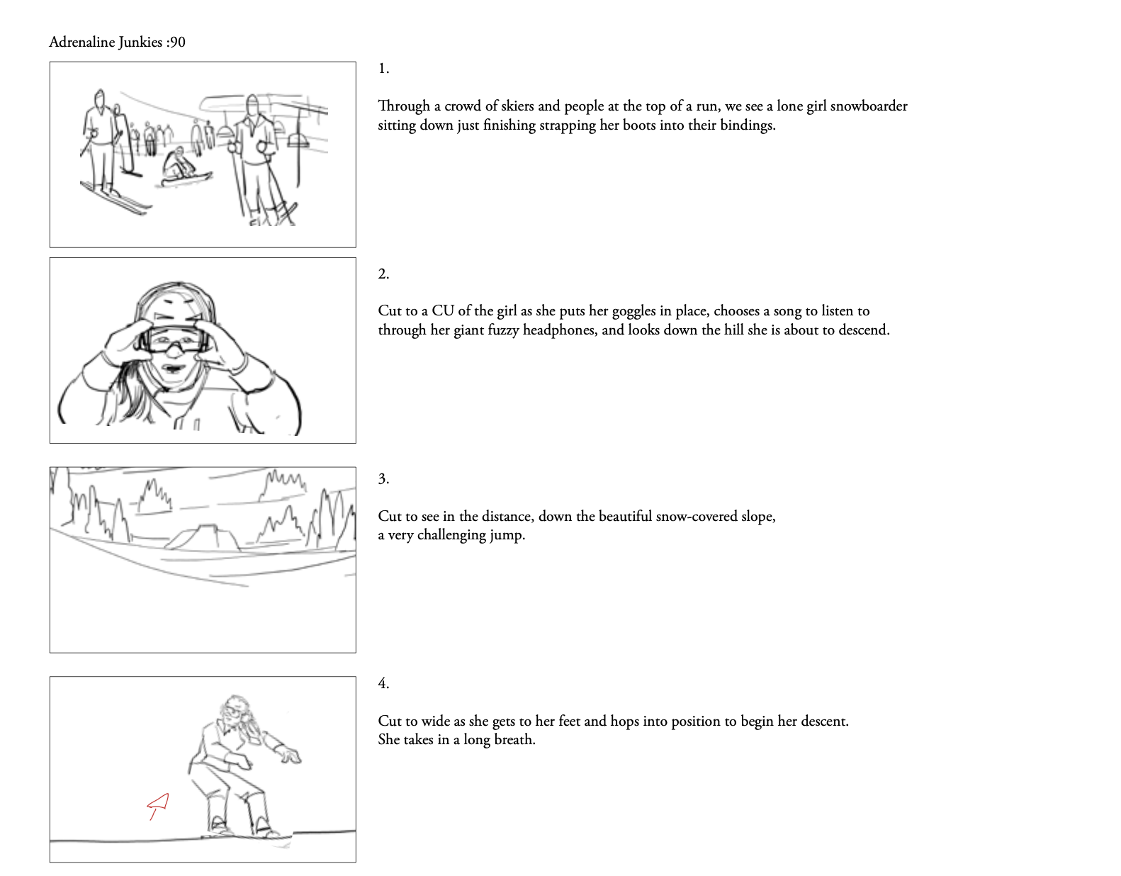 Adrenaline Junkies storyboard, panels 1 to 4